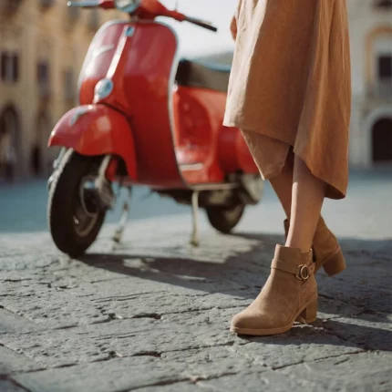 Photographie lifestyle d'une femme portant des bottines daim beige