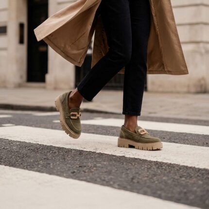 Mocassins plateformes ZELIE en cuir velours kaki de la collection REBELLES. Image lifestyle d'une jeune femme marchant dans la rue