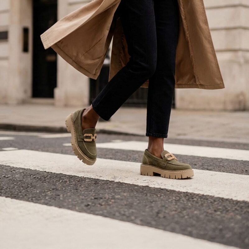 Mocassins plateformes ZELIE en cuir velours kaki de la collection REBELLES. Image lifestyle d'une jeune femme marchant dans la rue