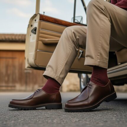 Ebaxter, une Derby chaussure homme en cuir couleur praline, de la collection ARIMA CITY. Photographie lifestyle
