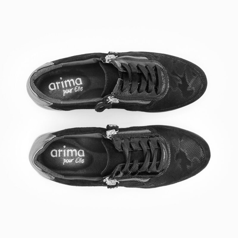 Baskets femme pieds sensibles, modèle CARLA en cuir noir, vue de dessus de la collection ARIMA CONFORT