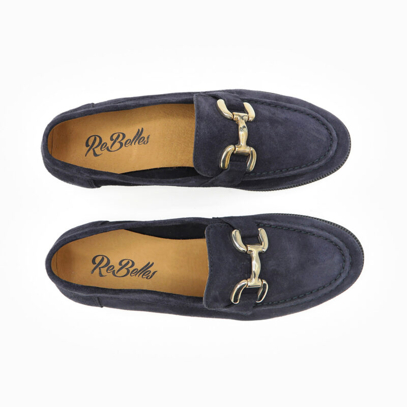 DUNA, une paire de mocassins cuir souple femme de couleur marine, de la collection REBELLES chez ARIMA, vue de dessus