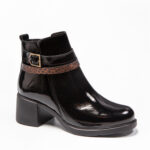 LOUISA, des bottines vernis noir femme en cuir LWG, vue de trois quarts avant