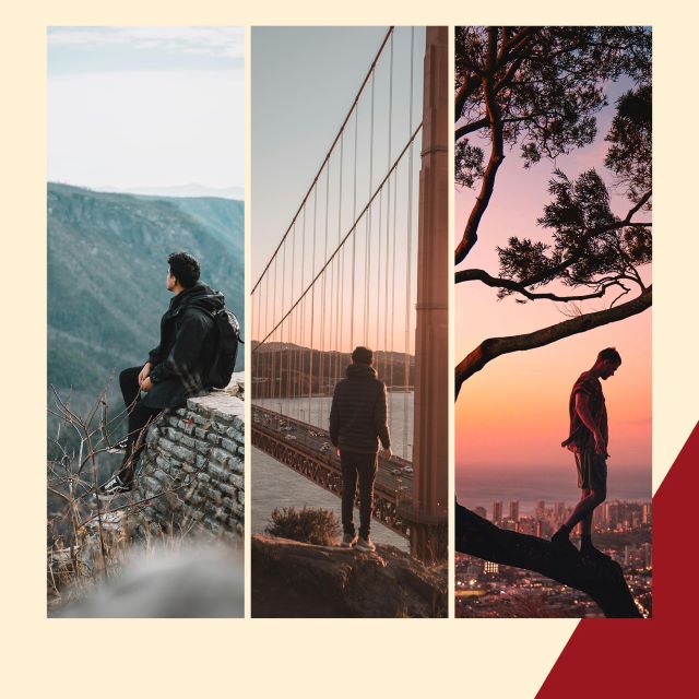Post instagram ARIMA CHAUSSURES, triptyque d'hommes devant des paysages variés : montagne, fleuve et horizon urbain pour présenter la collection ARID