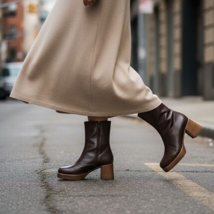 Bottines plateforme femme LIMPICA en cuir marron. Image lifestyle d'une jeune femme traversant la route