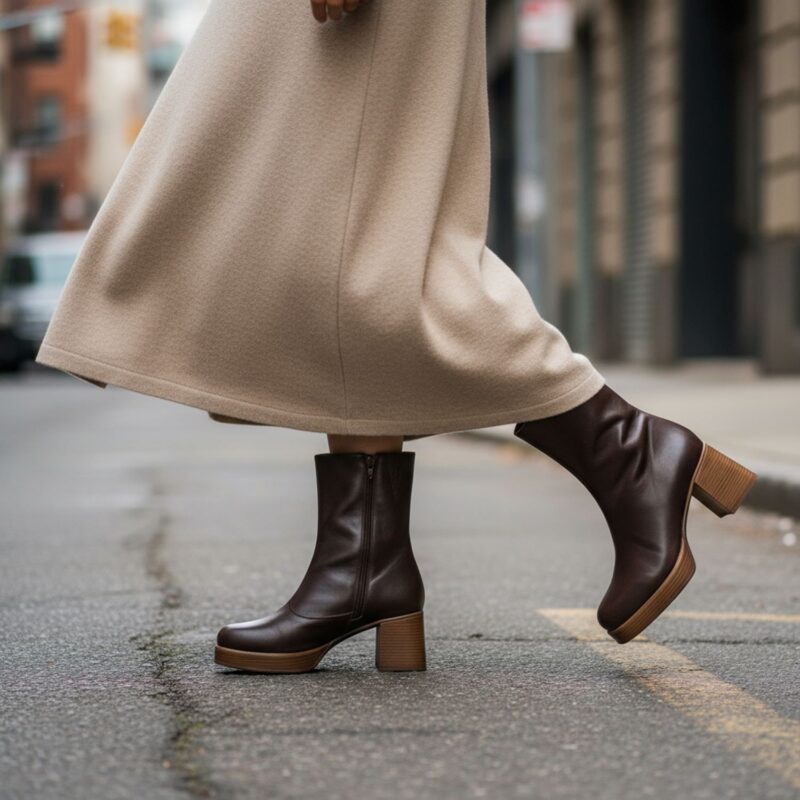 Bottines plateforme femme LIMPICA en cuir marron. Image lifestyle d'une jeune femme traversant la route
