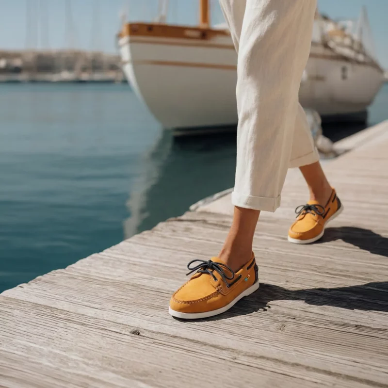 Chaussures bateau cuir safran marine, photographie lifestyle d'une femme marchant sur un ponton en bord de mer