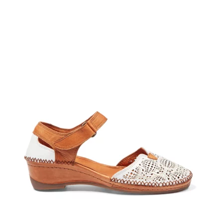 Sandales confort femme cuir couleur blanc et cognac vue de profil