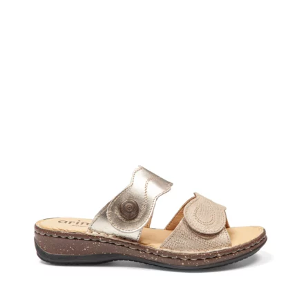 Mules à double brides pour femme en cuir couleur champagne vue de profil