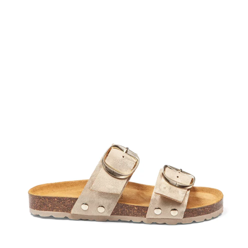 Mules à double brides pour femme vue de profil couleur champagne