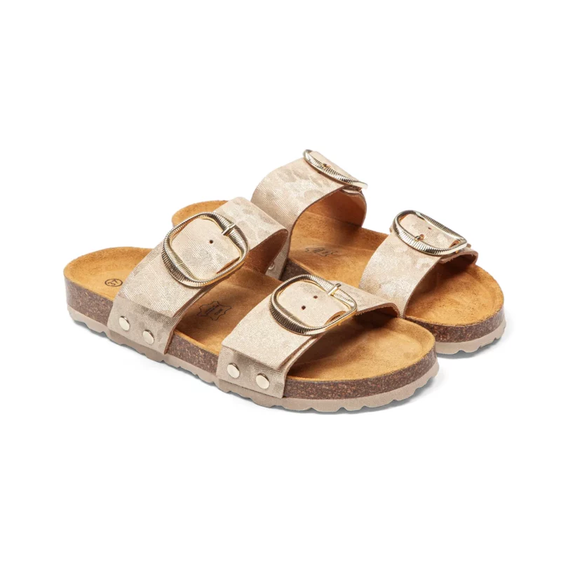 Mules à double brides pour femme vue de 3-4 avant couleur champagne