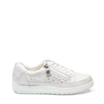 Baskets confort femme en cuir blanc argente vue de profil