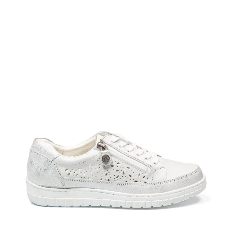 Baskets confort femme en cuir blanc argente vue de profil