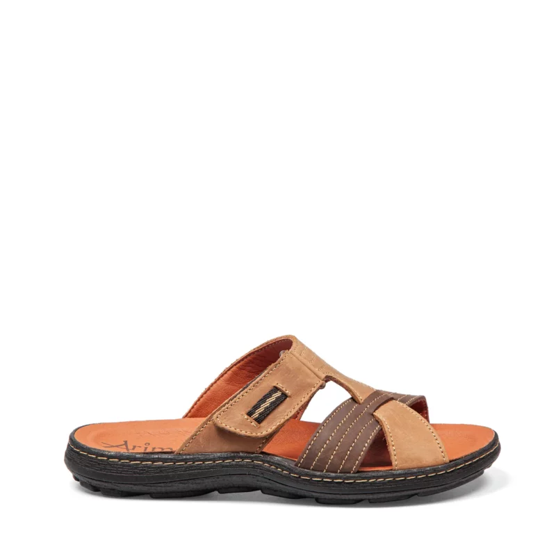 Mules à brides pour homme en cuir couleur cognac marron vue de profil