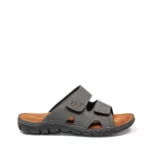 Mules à double brides confortables pour homme en cuir couleur jean et rouge. Vue de profil