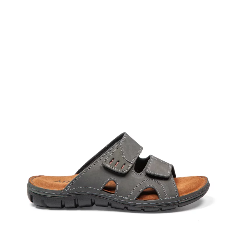 Mules à double brides confortables pour homme en cuir couleur jean et rouge. Vue de profil