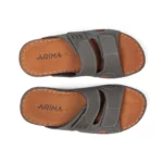 Mules à double brides confortables pour homme en cuir couleur jean et rouge. Vue de dessus