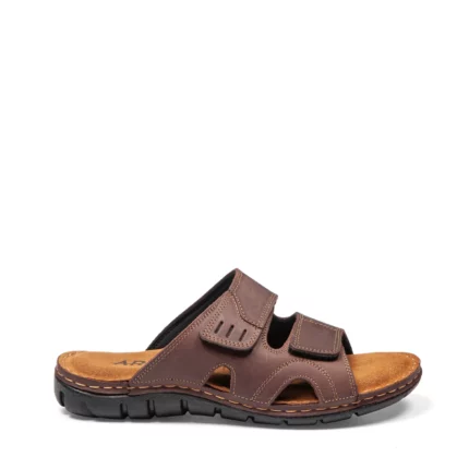 Mules à double brides confortables pour homme en cuir couleur marron. Vue de profil