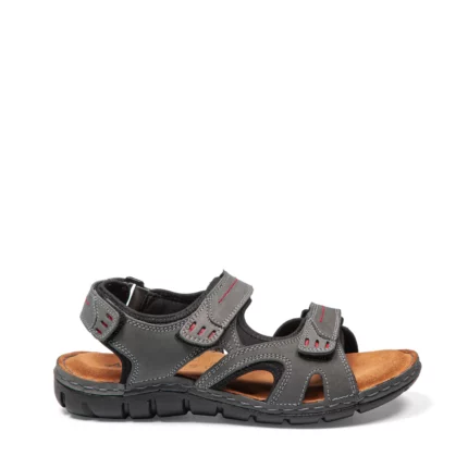 Sandales confort pour homme en cuir couleur jean et rouge. Vue de profil