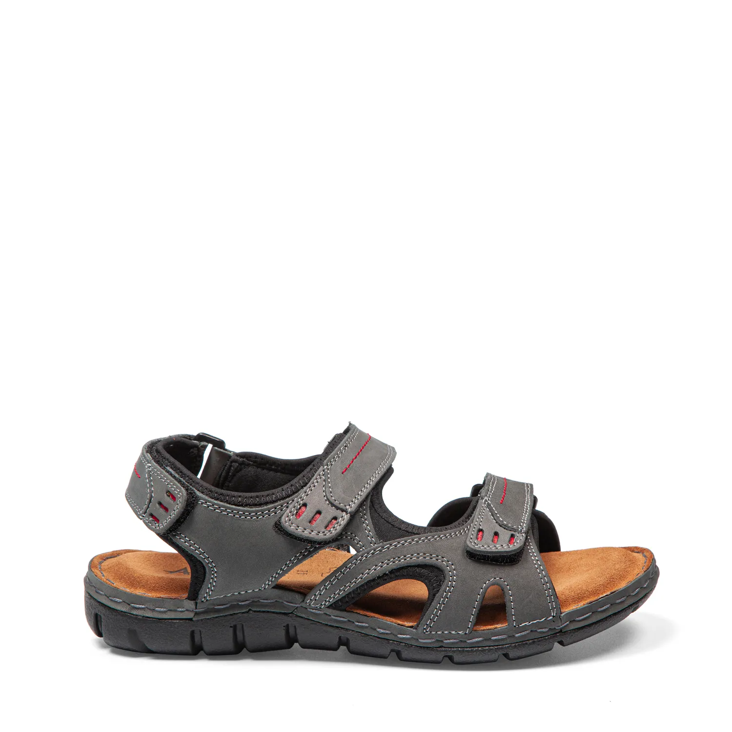 Sandales confort pour homme DIEGO JEAN ROUGE 01 bd Sandales confort pour homme en cuir couleur jean et rouge. Vue de profil