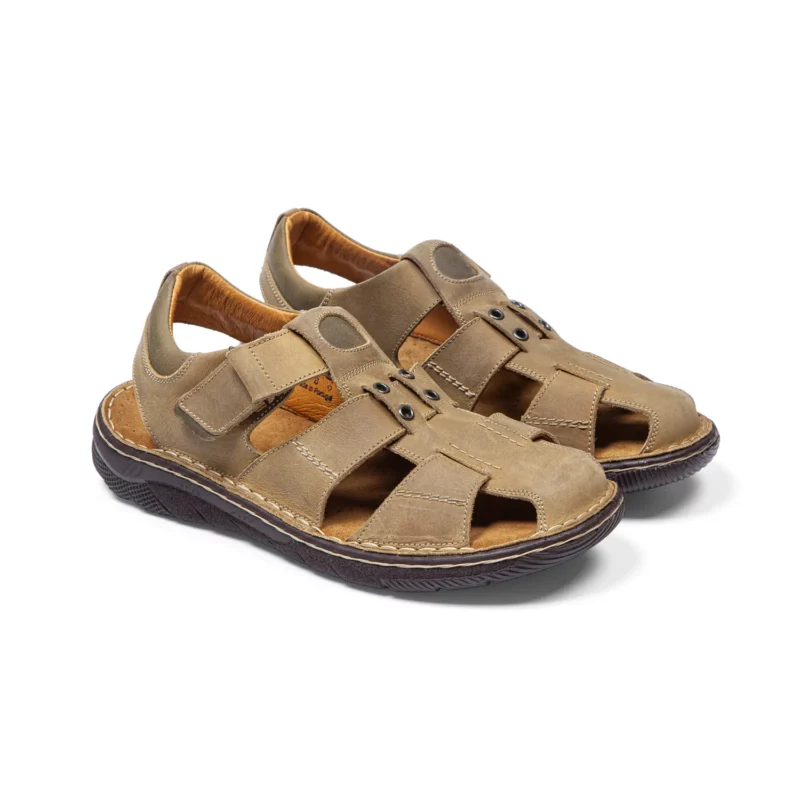 Sandales confort homme cuir couleur beige kaki vue 3-4 avant