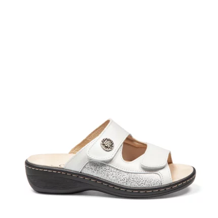 Mules à double brides pour femme en cuir couleur blanc irisé, spécial hallux valgus vue de profil