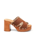 Mules à talons pour femme en cuir couleur chocolat vue de profil