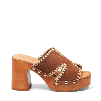 Mules à talons pour femme en cuir couleur chocolat vue de profil