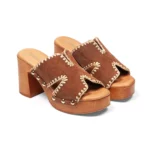 Mules à talons pour femme en cuir couleur chocolat vue de 3-4 avant