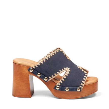 Mules à talons pour femme en cuir couleur marine vue de profil