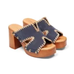 Mules à talons pour femme en cuir couleur marine vue de 3-4 avant