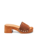 Mules à talons pour femme en cuir couleur chocolat vue de profil