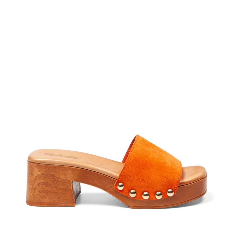 Mules à talons pour femme en cuir couleur orange vue de profil
