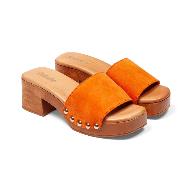 Mules à talons pour femme en cuir couleur orange vue de 3-4 avant