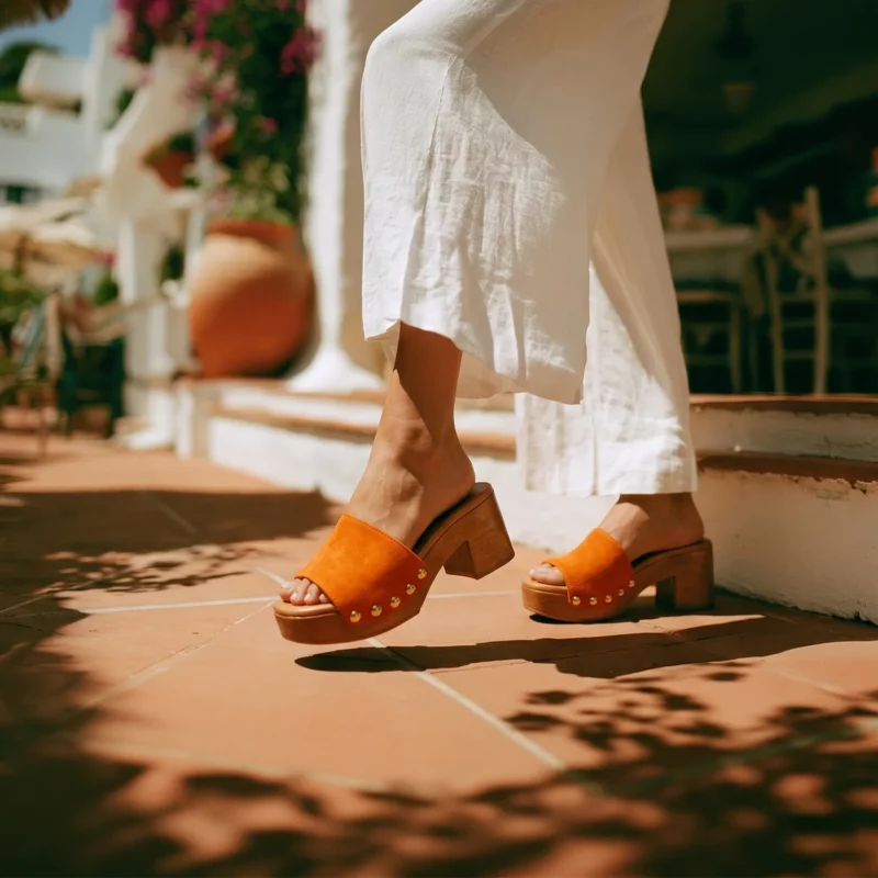 Mules à talons en cuir couleur orange