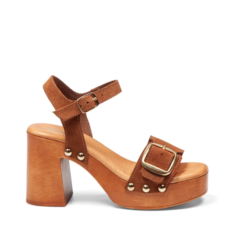 Sandales à talons pour femme en cuir couleur chocolat vue de profil