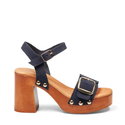 Sandales à talons pour femme en cuir couleur marine vue de profil